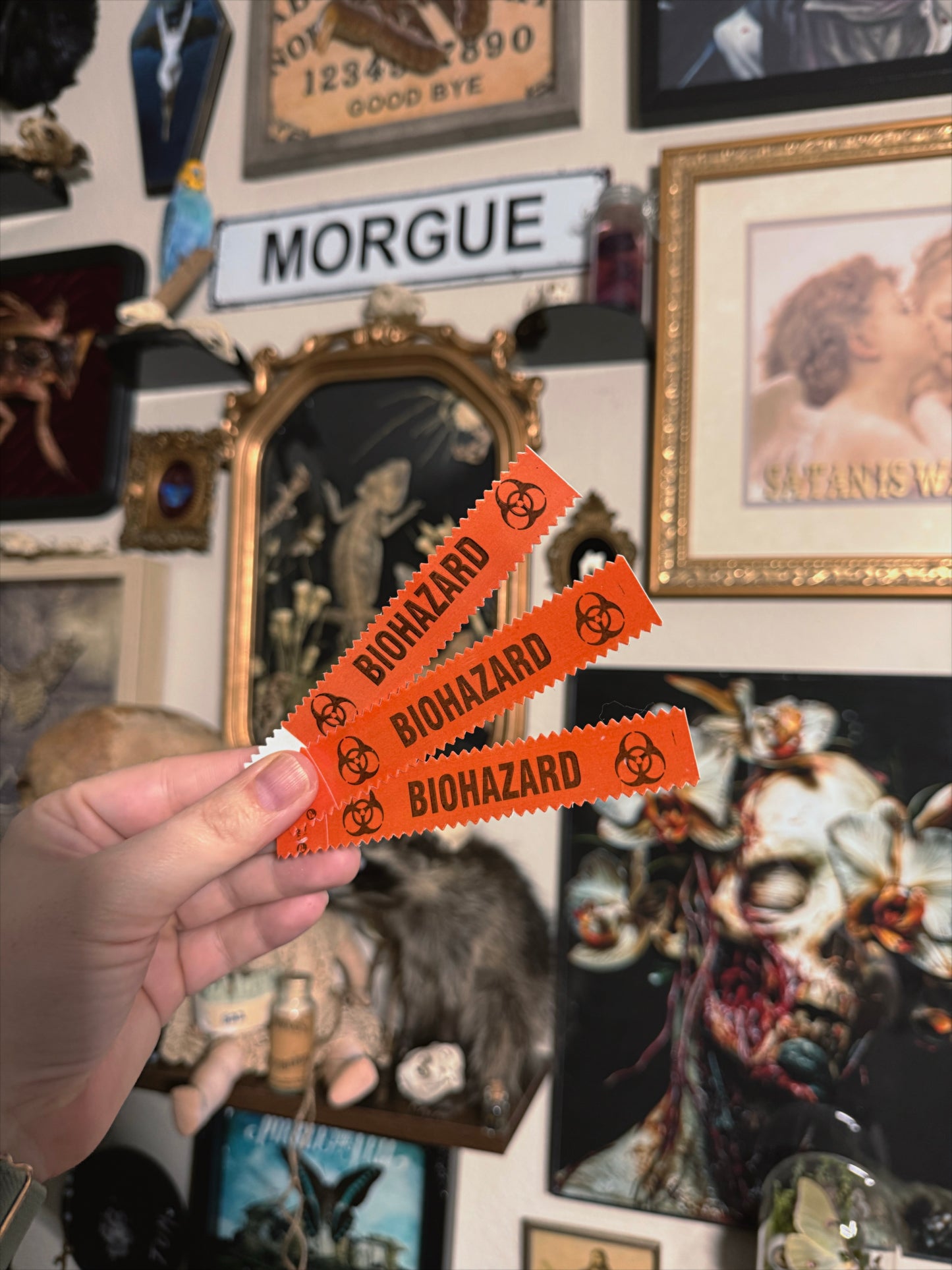 4x1 Real Vintage biohazard sticker from a funeral home (3PC)